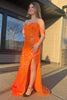 Load image into Gallery viewer, Sparkly Orange Mermaid Off the Shoulder Tassels Sequined Long Prom Dress with Slit