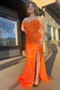 Load image into Gallery viewer, Sparkly Orange Mermaid Off the Shoulder Tassels Sequined Long Prom Dress with Slit