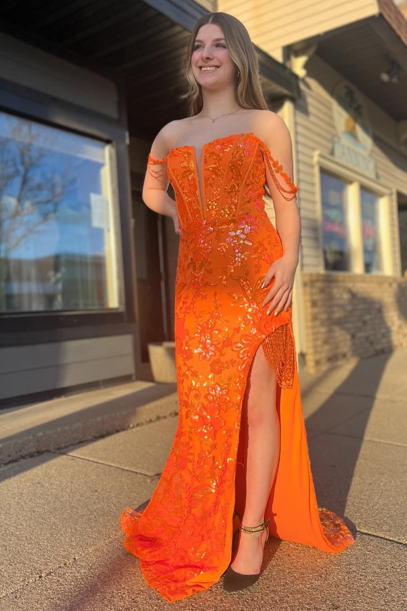 Load image into Gallery viewer, Sparkly Orange Mermaid Off the Shoulder Tassels Sequined Long Prom Dress with Slit