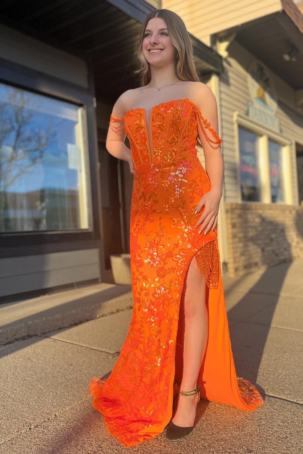 Sparkly Orange Mermaid Off the Shoulder Tassels Sequined Long Prom Dress with Slit