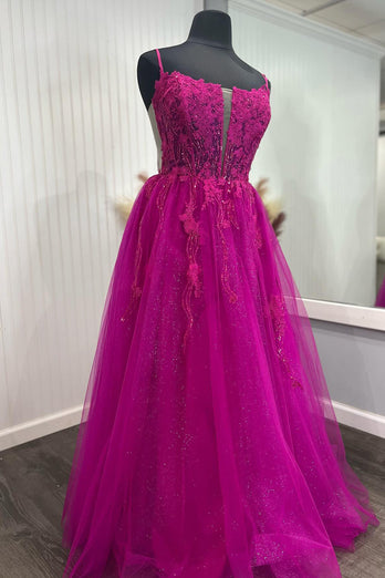 Sparkly Fuchsia A-Line Spaghetti Straps Corset Tulle Long Prom Dress with Appliques