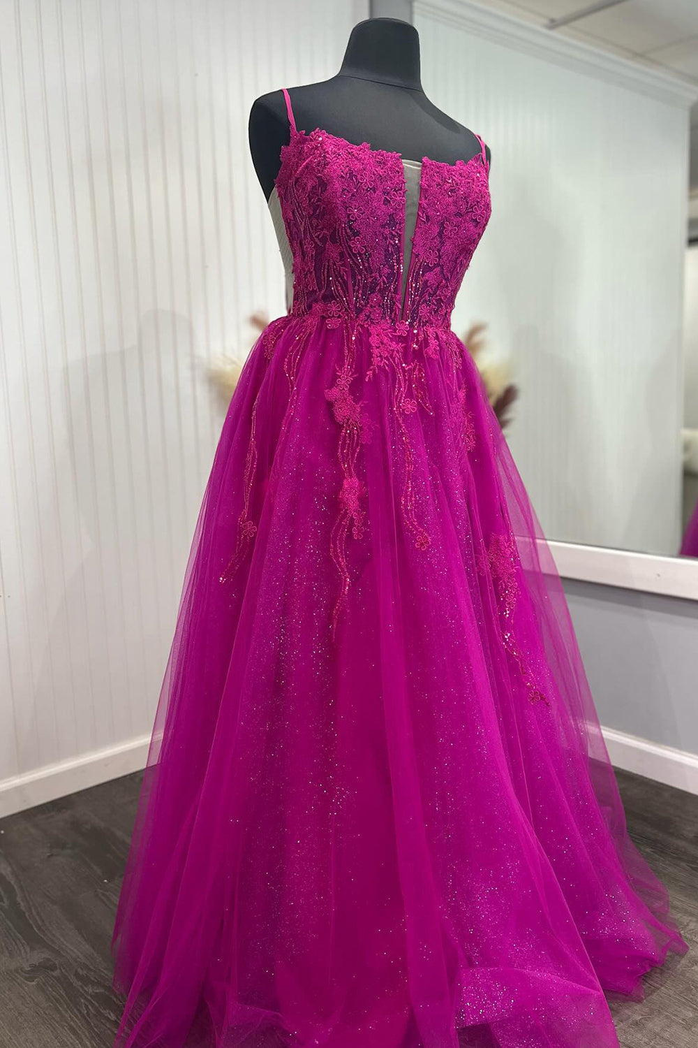 Sparkly Fuchsia A-Line Spaghetti Straps Corset Tulle Long Prom Dress with Appliques