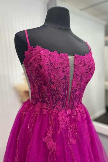 Sparkly Fuchsia A-Line Spaghetti Straps Corset Tulle Long Prom Dress with Appliques