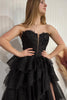 Load image into Gallery viewer, Sparkly Black A-Line Strapless Corset Appliques Tiered Long Prom Dress with Slit