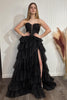 Load image into Gallery viewer, Sparkly Black A-Line Strapless Corset Appliques Tiered Long Prom Dress with Slit