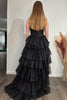 Load image into Gallery viewer, Sparkly Black A-Line Strapless Corset Appliques Tiered Long Prom Dress with Slit