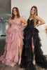 Load image into Gallery viewer, Sparkly Black A-Line Strapless Corset Appliques Tiered Long Prom Dress with Slit