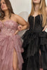 Load image into Gallery viewer, Sparkly Black A-Line Strapless Corset Appliques Tiered Long Prom Dress with Slit