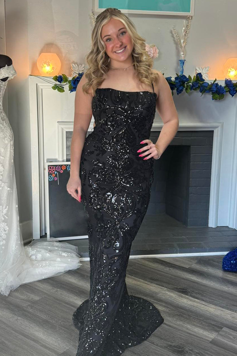 Load image into Gallery viewer, Sparkly Black Mermaid Sequined Spaghetti Straps Long Prom Dress