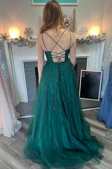 Dark Green A-Line Spaghetti Straps Tulle Long Prom Dress with Appliques