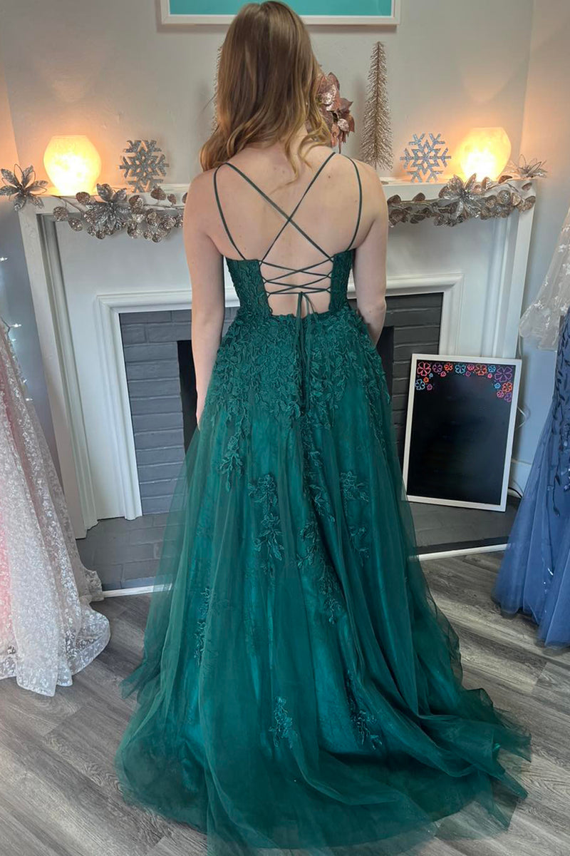 Load image into Gallery viewer, Dark Green A-Line Spaghetti Straps Tulle Long Prom Dress with Appliques