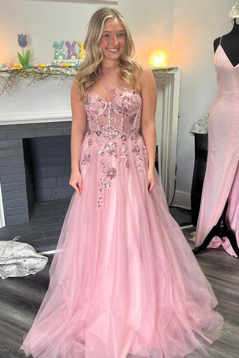 Sparkly Pink A-Line One Shoulder Corset Tulle Long Prom Dress with Appliques