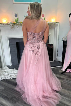 Sparkly Pink A-Line One Shoulder Corset Tulle Long Prom Dress with Appliques