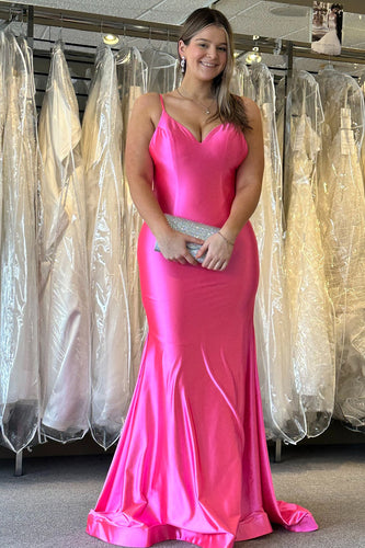 Fuchsia Mermaid Spaghetti Straps Open Back Satin Long Prom Dress