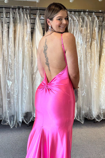 Fuchsia Mermaid Spaghetti Straps Open Back Satin Long Prom Dress