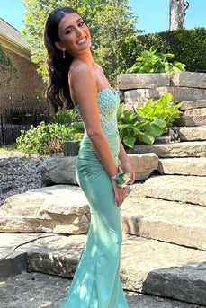 Mint Mermaid Strapless Corset Long Prom Dress with Appliques