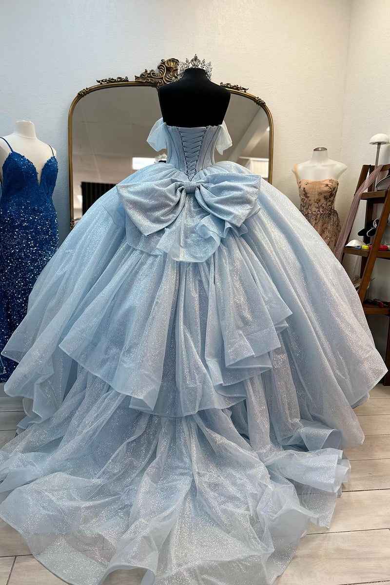 Load image into Gallery viewer, Sparkly Light Blue A-Line Off the Shoulder Beaded Corset Tulle Long Prom Dress