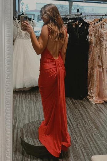 Sparkly Red Mermaid Spaghetti Straps Open Back Long Prom Dress