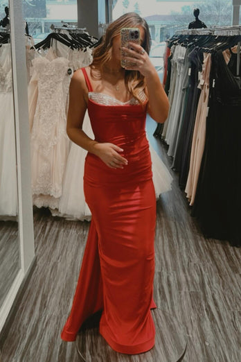 Sparkly Red Mermaid Spaghetti Straps Open Back Long Prom Dress