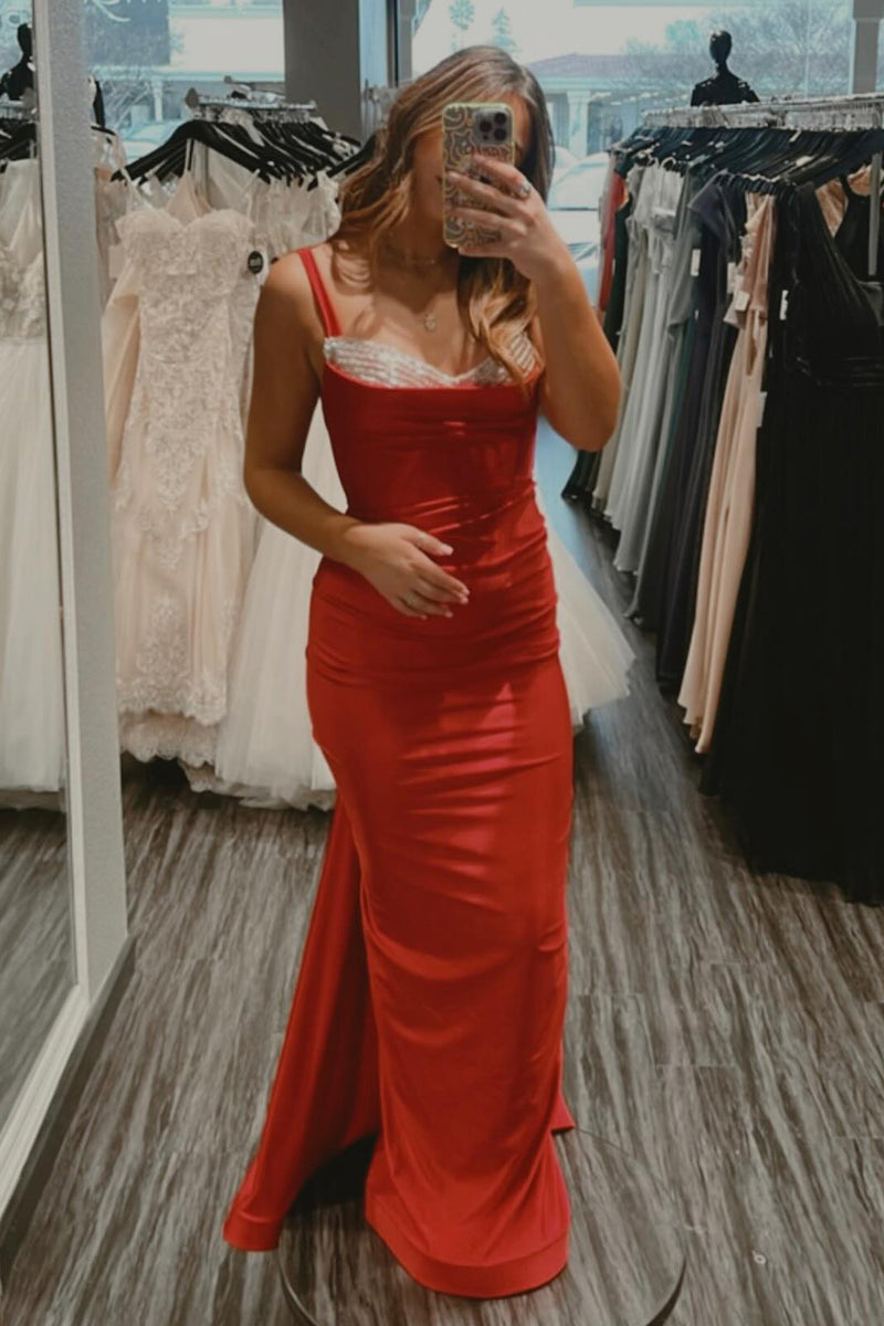 Load image into Gallery viewer, Sparkly Red Mermaid Spaghetti Straps Open Back Long Prom Dress