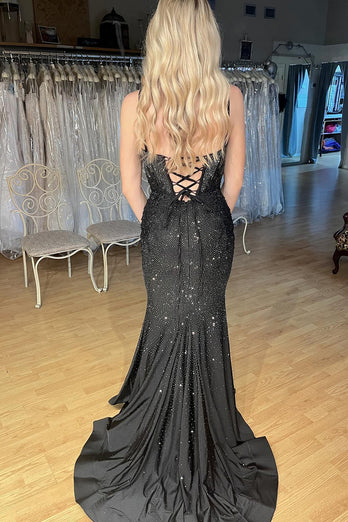 Sparkly Black Mermaid Spaghetti Straps Beaded Corset Long Prom Dress