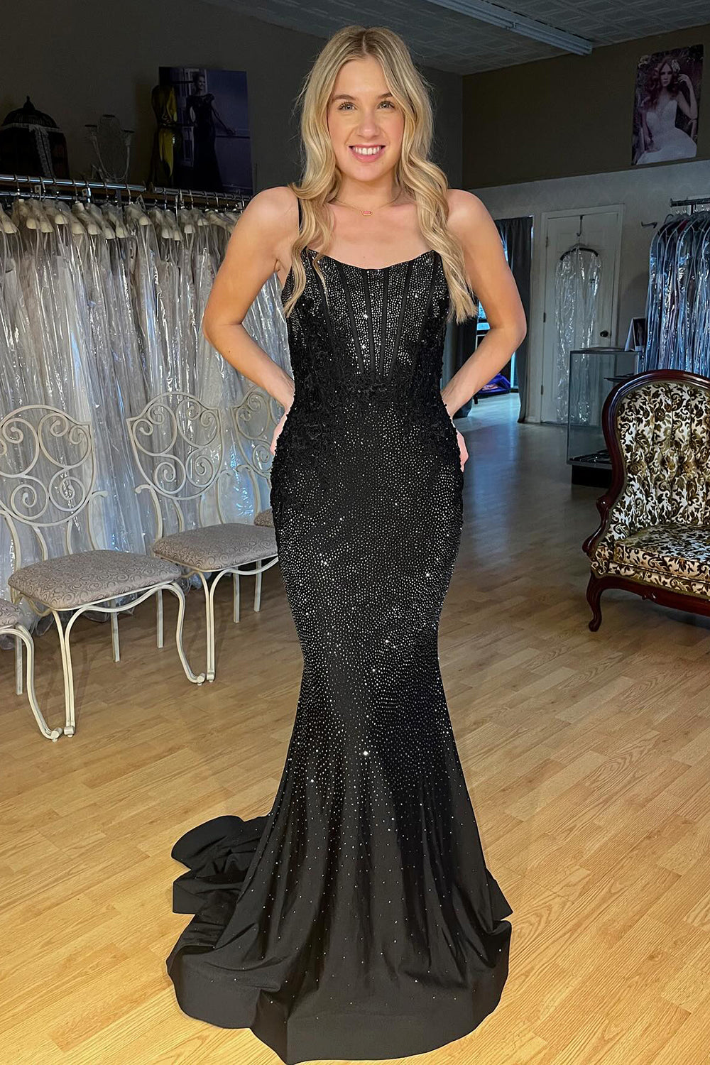 Sparkly Black Mermaid Spaghetti Straps Beaded Corset Long Prom Dress