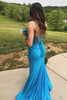 Load image into Gallery viewer, Sparkly Turquoise Mermaid Spaghetti Straps Corset Appliques Long Prom Dress with Slit