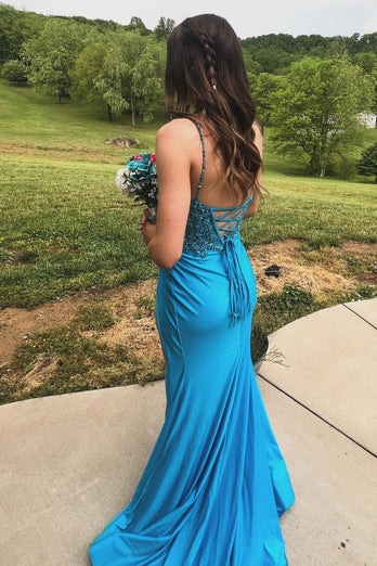 Sparkly Turquoise Mermaid Spaghetti Straps Corset Appliques Long Prom Dress with Slit