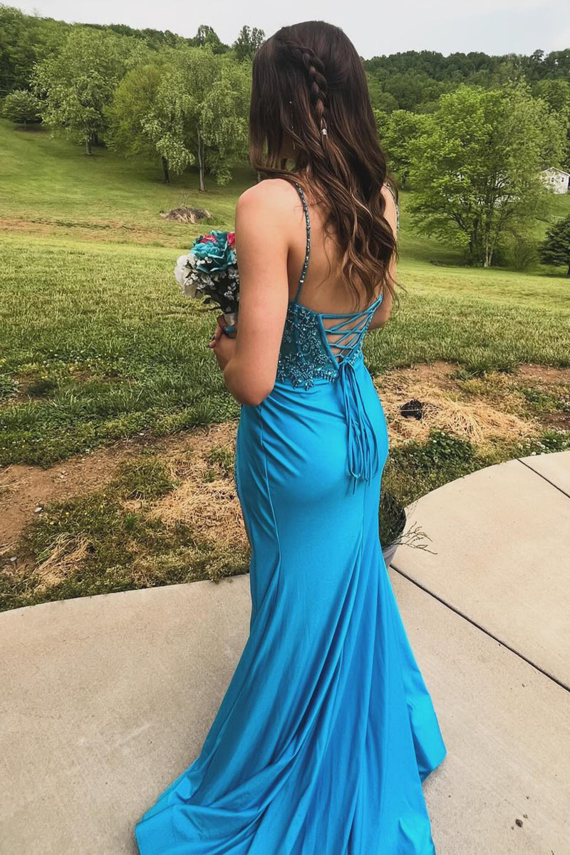 Load image into Gallery viewer, Sparkly Turquoise Mermaid Spaghetti Straps Corset Appliques Long Prom Dress with Slit