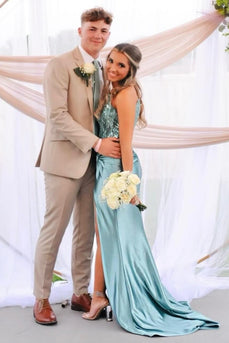 Sparkly Blue Mermaid Strapless Corset Appliques Long Prom Dress with Slit