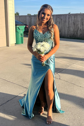 Sparkly Blue Mermaid Strapless Corset Appliques Long Prom Dress with Slit