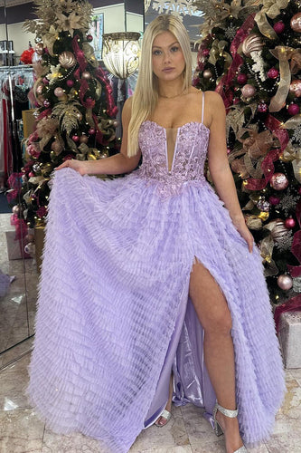 Sparkly Lilac A-Line Spaghetti Straps Corset Appliques Ruffle Long Prom Dress with Slit