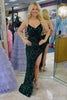 Load image into Gallery viewer, Sparkly Dark Green Mermaid Sequins Spaghetti Straps Long Prom Dress with Slit