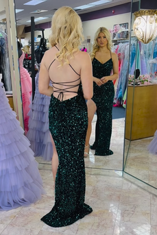 Sparkly Dark Green Mermaid Sequins Spaghetti Straps Long Prom Dress with Slit