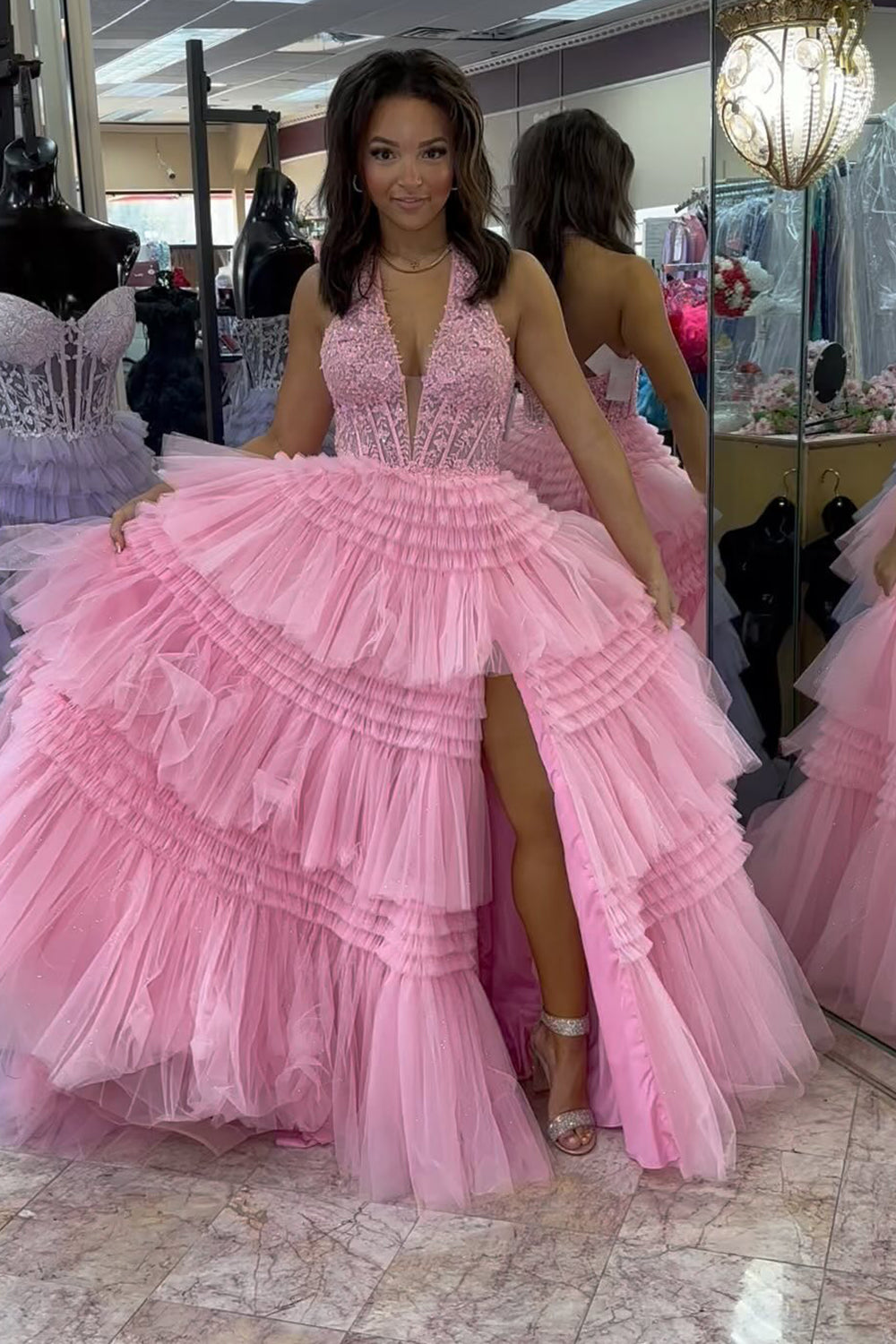 Sparkly Pink A-Line Halter Corset Tiered Appliques Long Prom Dress with Slit