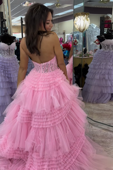 Sparkly Pink A-Line Halter Corset Tiered Appliques Long Prom Dress with Slit