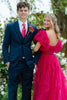 Load image into Gallery viewer, Fuchsia A-Line Puff Sleeves Tulle Ruffle Corset Long Prom Dress