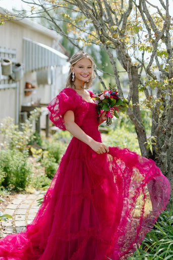 Fuchsia A-Line Puff Sleeves Tulle Ruffle Corset Long Prom Dress