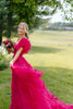 Load image into Gallery viewer, Fuchsia A-Line Puff Sleeves Tulle Ruffle Corset Long Prom Dress