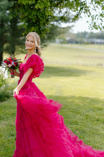 Fuchsia A-Line Puff Sleeves Tulle Ruffle Corset Long Prom Dress