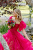 Load image into Gallery viewer, Fuchsia A-Line Puff Sleeves Tulle Ruffle Corset Long Prom Dress