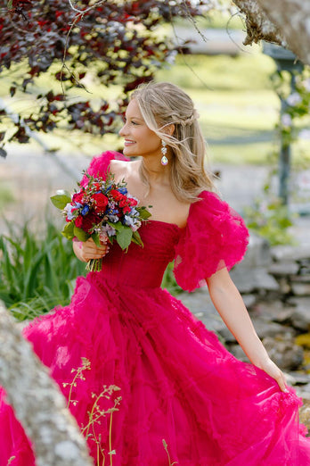 Fuchsia A-Line Puff Sleeves Tulle Ruffle Corset Long Prom Dress