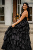 Load image into Gallery viewer, Sparkly Black A-Line Strapless Corset Tiered Sequined Long Prom Dress with Slit