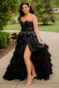 Load image into Gallery viewer, Sparkly Black A-Line Strapless Corset Tiered Sequined Long Prom Dress with Slit