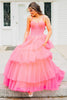 Load image into Gallery viewer, Pink A-Line Spaghetti Straps Corset Tiered Tulle Long Prom Dress