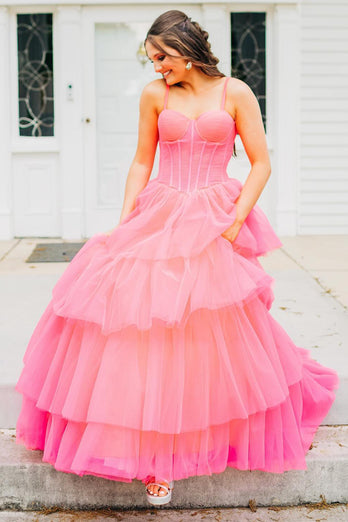 Pink A-Line Spaghetti Straps Corset Tiered Tulle Long Prom Dress