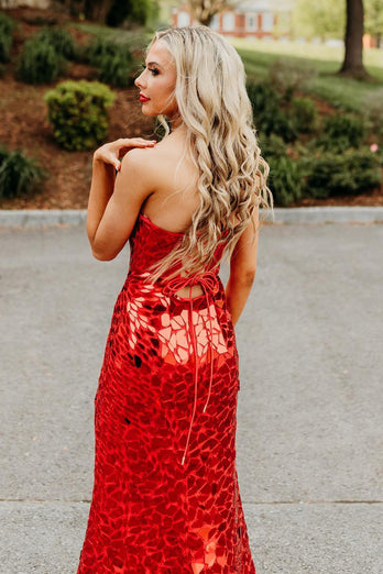 Sparkly Red Mermaid Strapless Mirrors Long Prom Dress with Slit