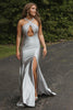 Load image into Gallery viewer, Sparkly Silver Mermaid Halter Beaded Satin Long Prom Dress with Slit