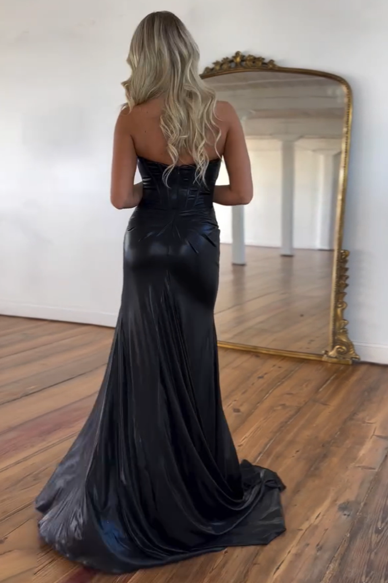 Load image into Gallery viewer, Metallic Rose Gold Mermaid Strapless Corset Long Prom Dress with Slit