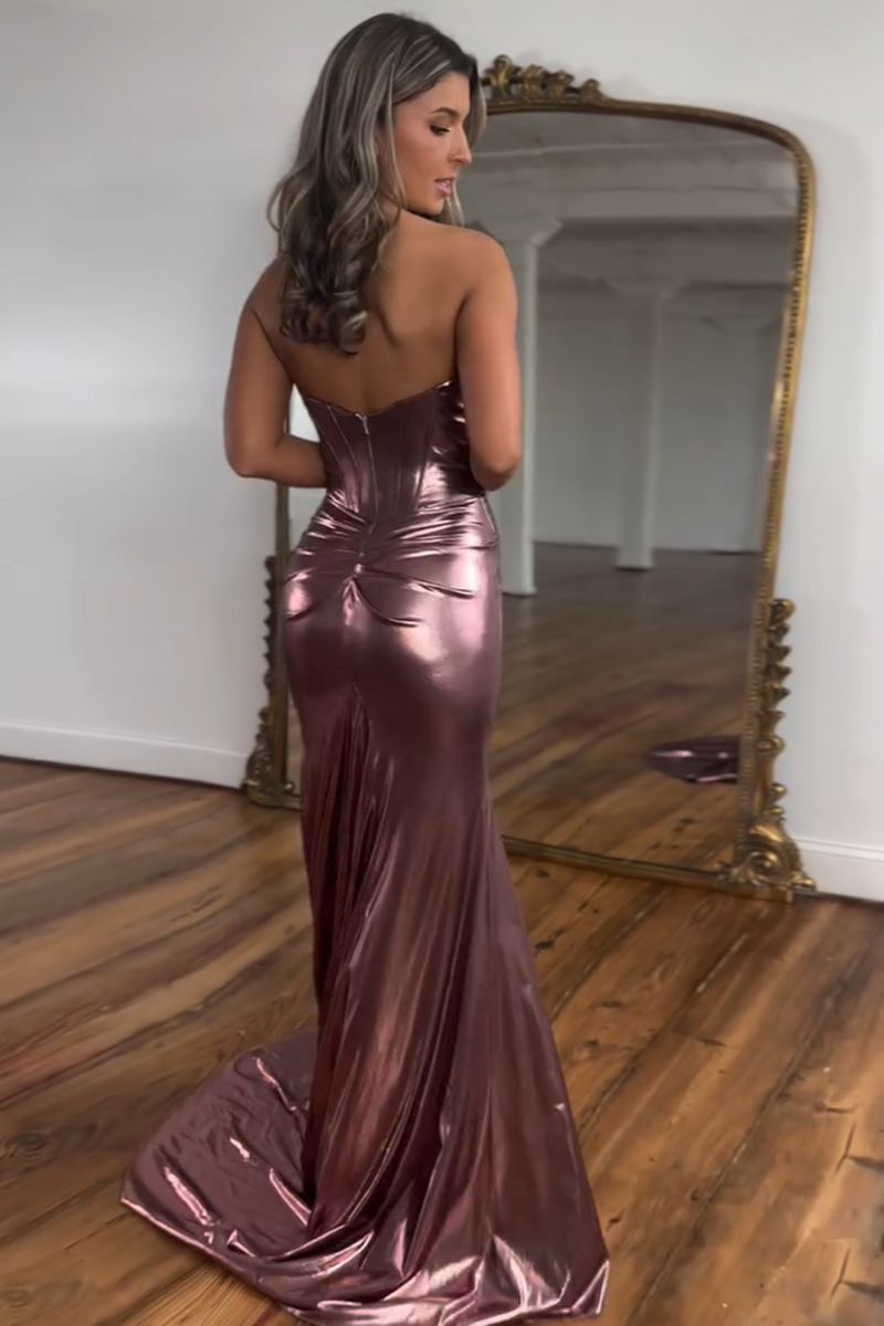 Load image into Gallery viewer, Metallic Rose Gold Mermaid Strapless Corset Long Prom Dress with Slit